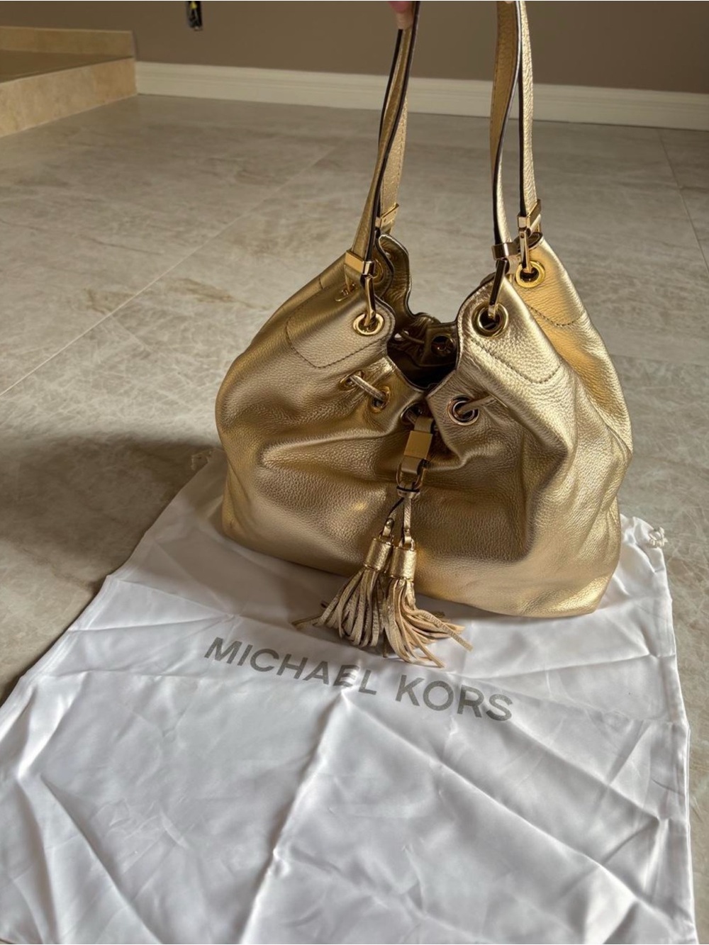 Michael Kors Metallic Gold Leather Tassel Hobo Shoulder Bag